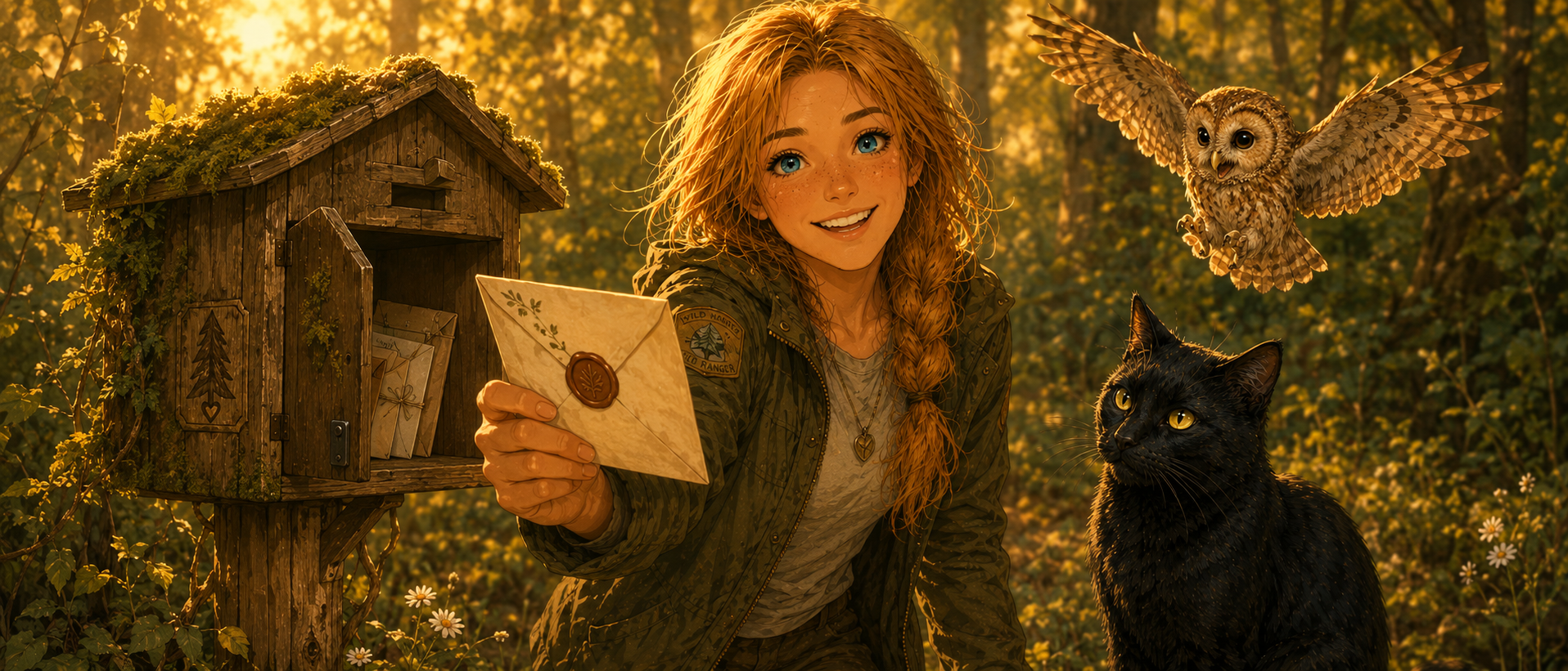 Bella mit einem Waldpost-Brief am Waldbriefkasten, begleitet von Orion und Elly