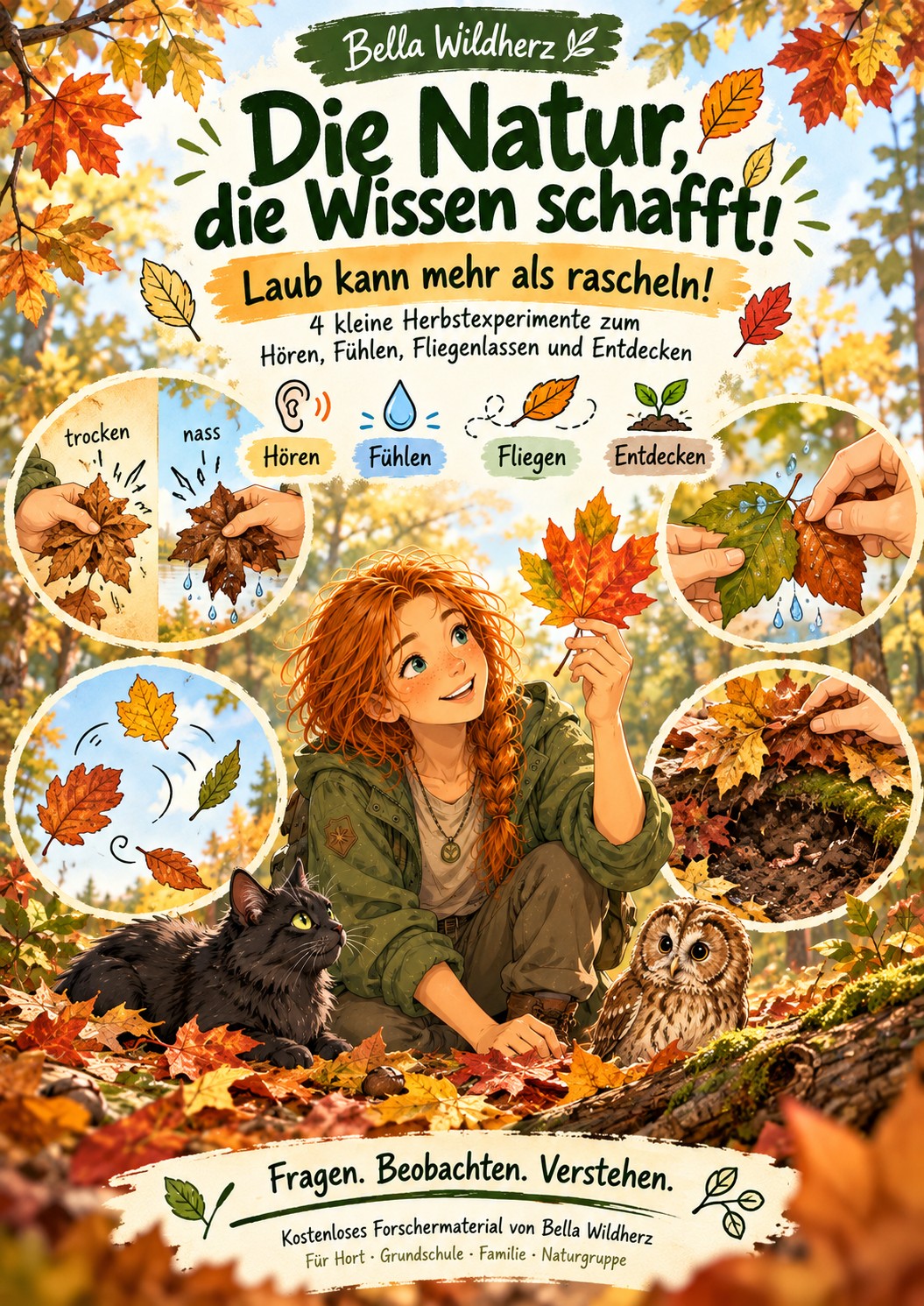 Titelseite: Die Natur, die Wissen schafft! – Laub kann mehr als rascheln. Vier kleine Herbstexperimente mit Bella Wildherz.