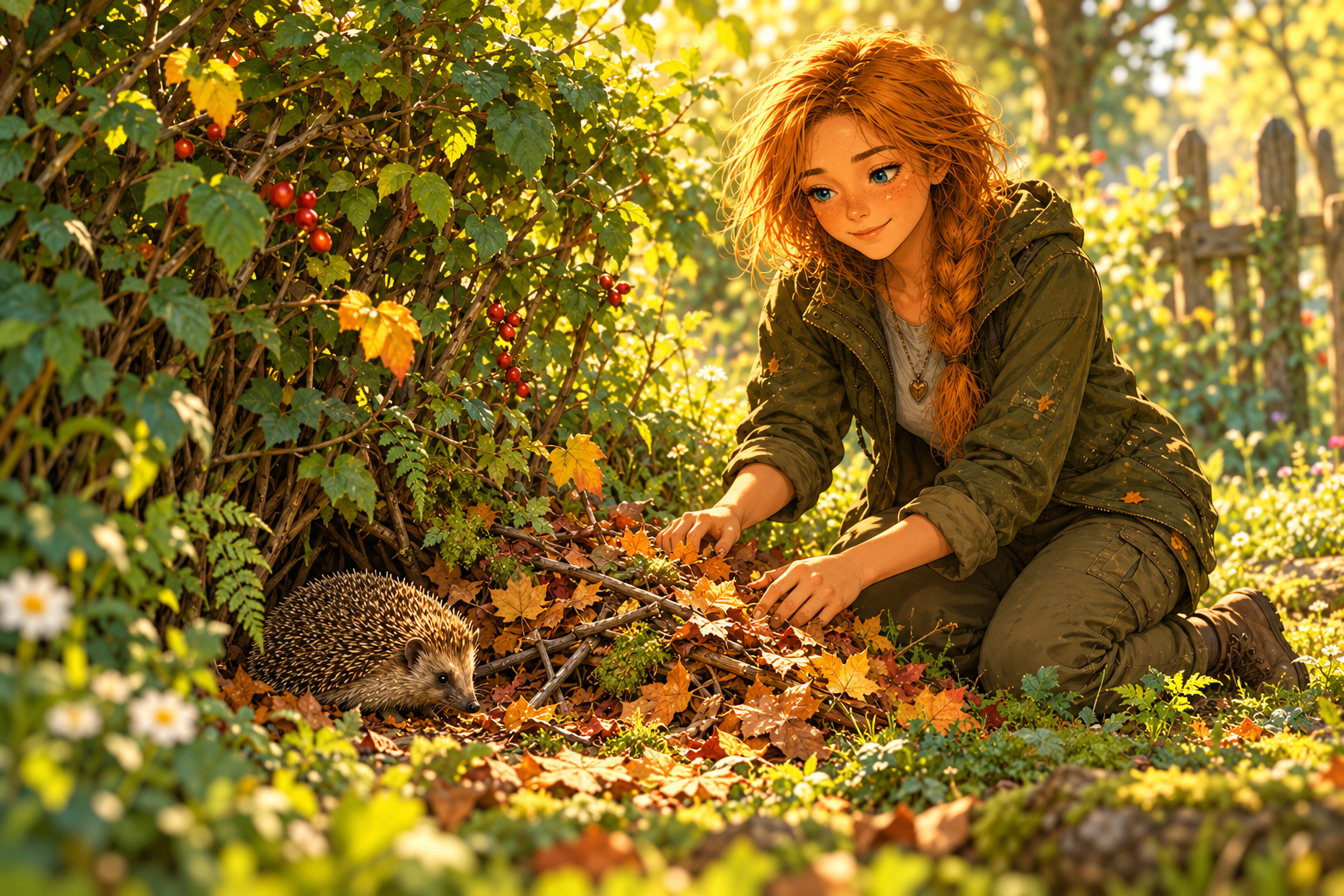 Bella lässt einen Laubhaufen als geschützte wilde Ecke für einen Igel stehen